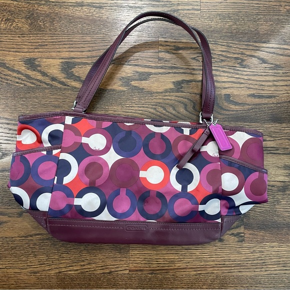 COACH Y2K Op Art Scarf Multicolor C Print Purple Leather Satchel Shoulder Bag - Picture 1 of 11